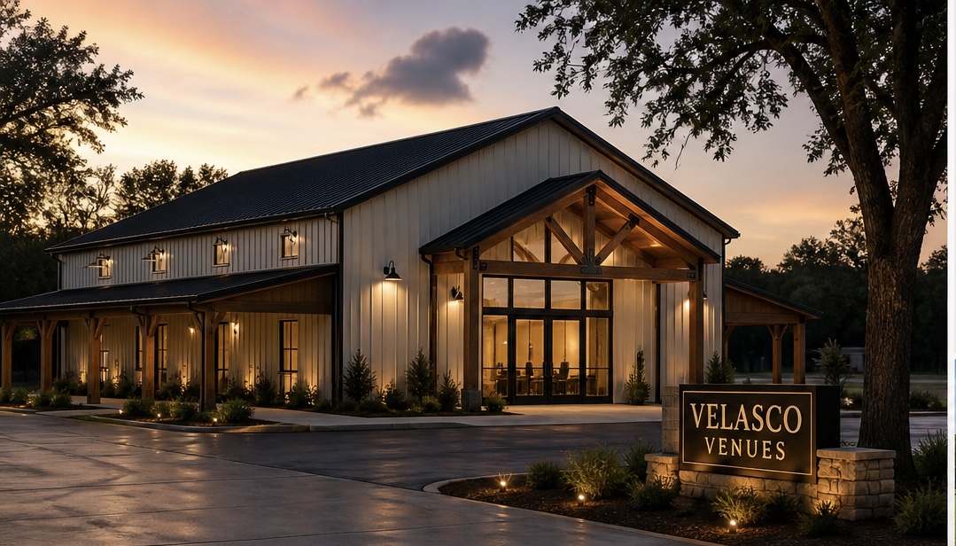 Velasco Venues exterior at sunset