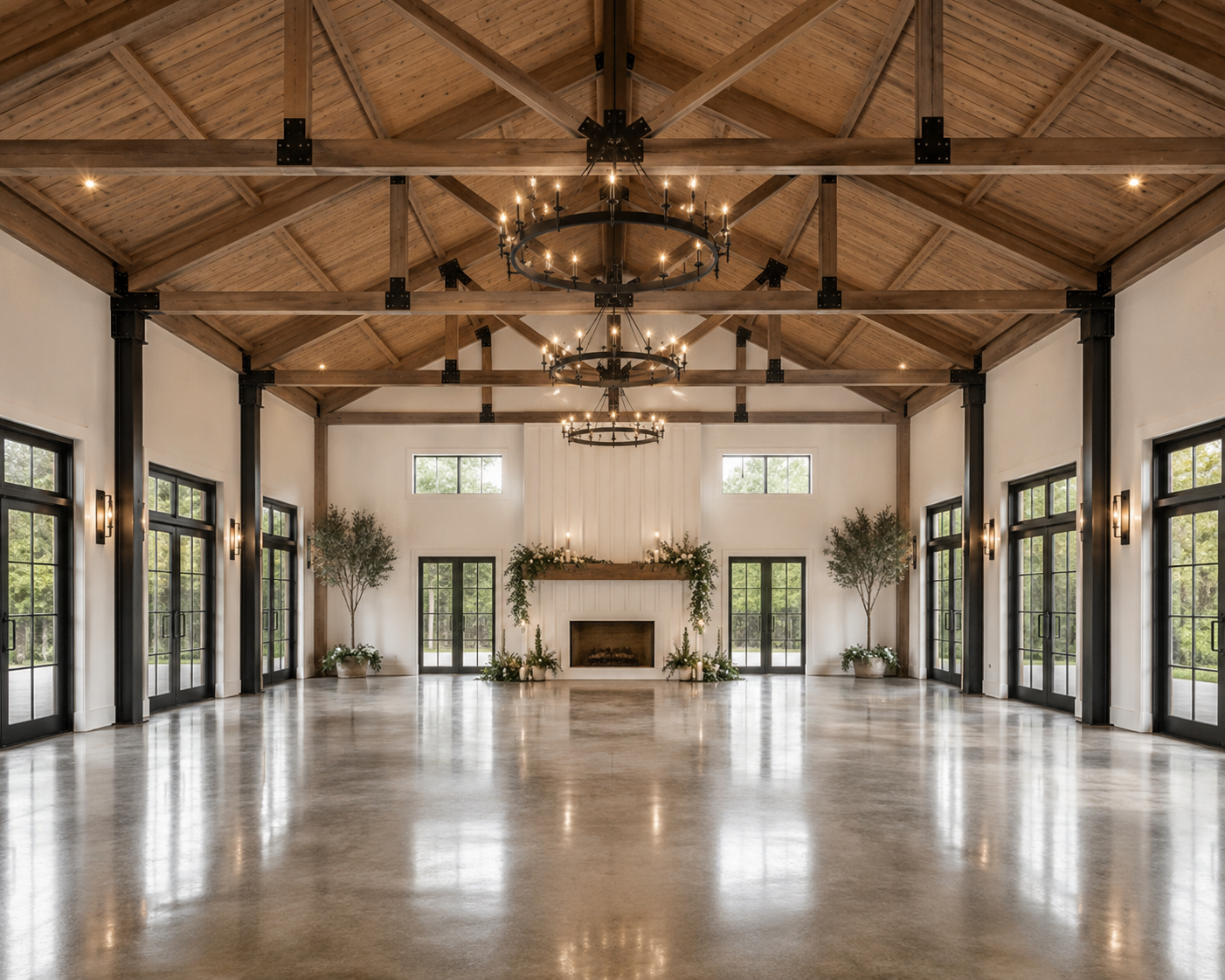 Velasco Venues interior — vaulted wood ceiling with chandelier